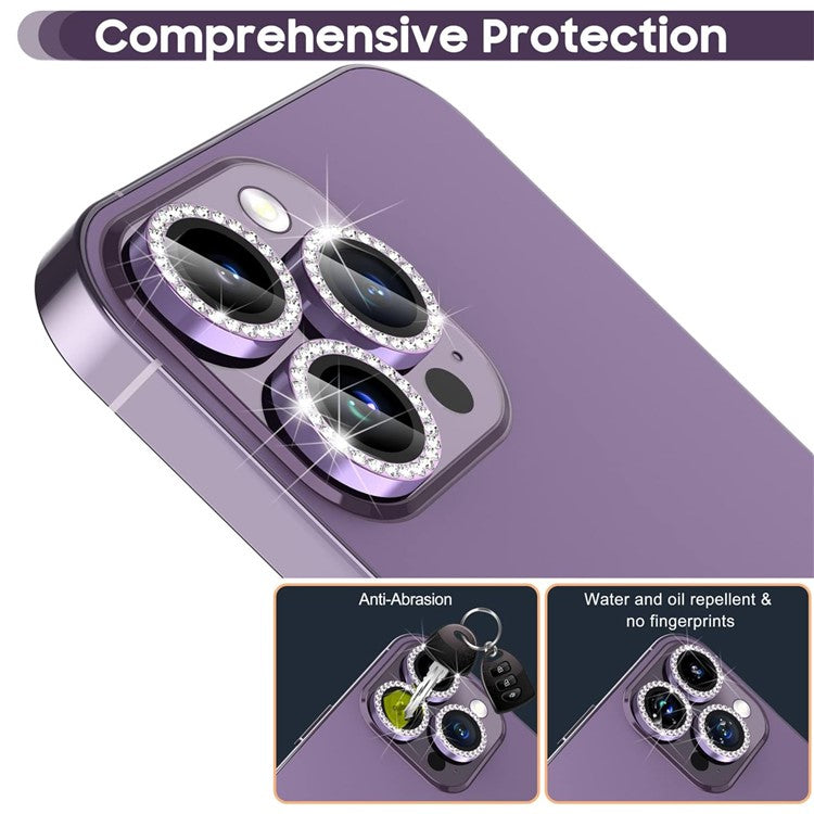 1Set For iPhone 16 Pro / 16 Pro Max Camera Lens Protector Tempered Glass+Metal Ring Rhinestone Lens Film - Purple