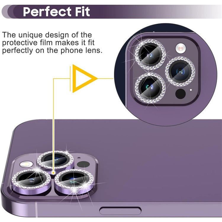 1Set For iPhone 16 Pro / 16 Pro Max Camera Lens Protector Tempered Glass+Metal Ring Rhinestone Lens Film - Purple