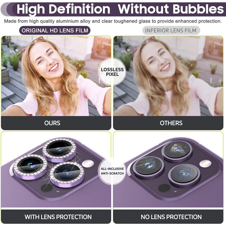 1Set For iPhone 16 Pro / 16 Pro Max Camera Lens Protector Tempered Glass+Metal Ring Rhinestone Lens Film - Purple