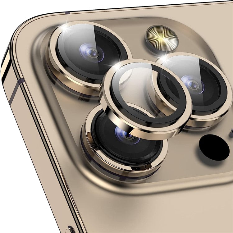 1Set For iPhone 16 Pro / 16 Pro Max Camera Lens Film Tempered Glass CD Vein Metal Ring Rear Lens Protector - Gold