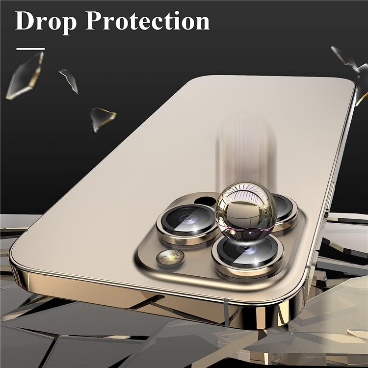 1Set For iPhone 16 Pro / 16 Pro Max Camera Lens Film Tempered Glass CD Vein Metal Ring Rear Lens Protector - Gold