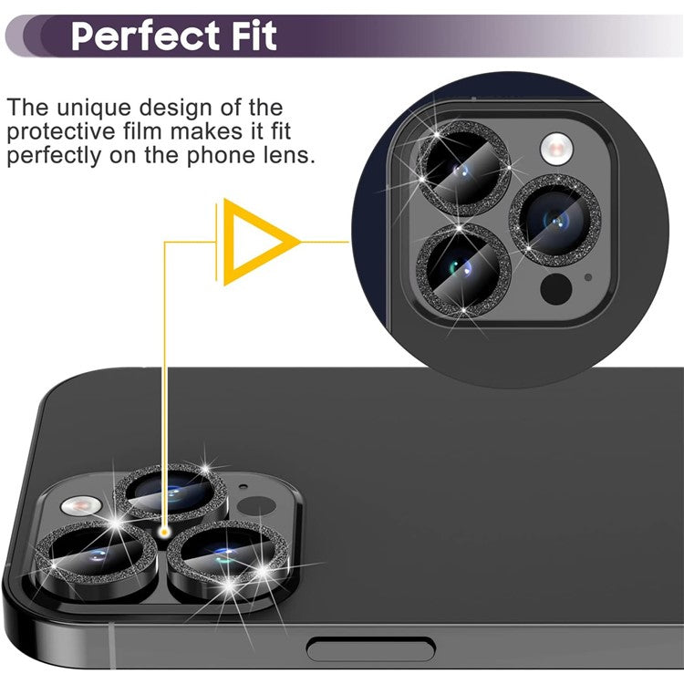 For iPhone 16 Pro / 16 Pro Max Glitter Camera Lens Film Metal Ring+Tempered Glass Phone Lens Protector - Black