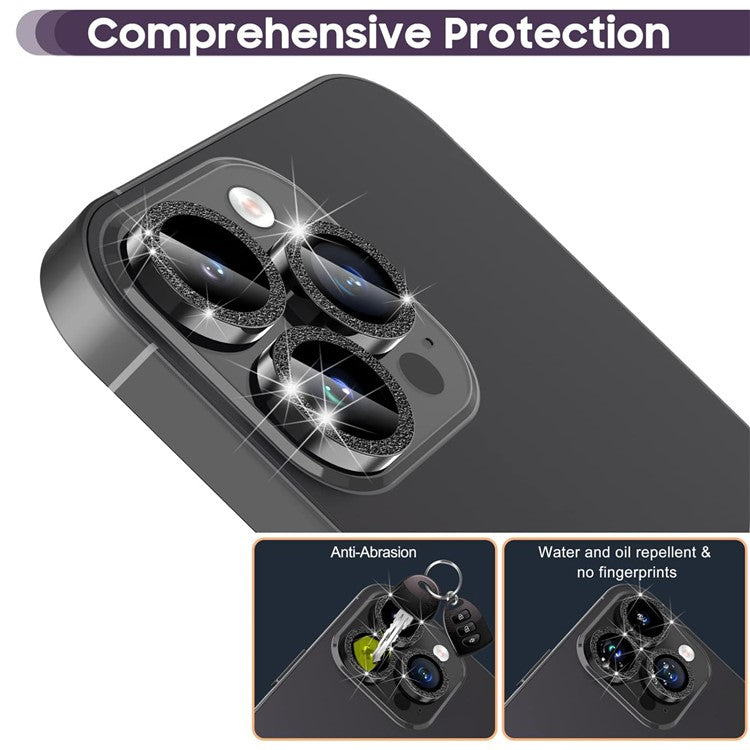 For iPhone 16 Pro / 16 Pro Max Glitter Camera Lens Film Metal Ring+Tempered Glass Phone Lens Protector - Black