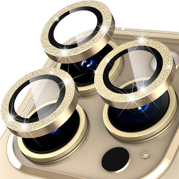 For iPhone 16 Pro / 16 Pro Max Glitter Camera Lens Film Metal Ring+Tempered Glass Phone Lens Protector - Gold