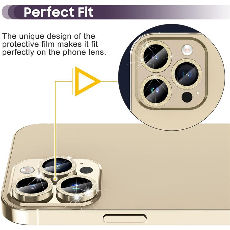 For iPhone 16 Pro / 16 Pro Max Glitter Camera Lens Film Metal Ring+Tempered Glass Phone Lens Protector - Gold