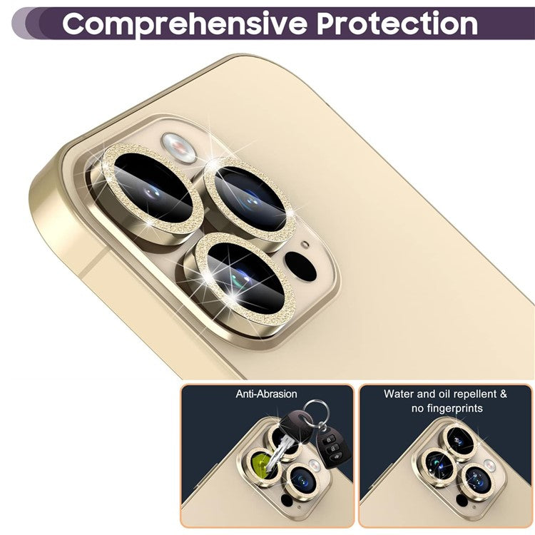 For iPhone 16 Pro / 16 Pro Max Glitter Camera Lens Film Metal Ring+Tempered Glass Phone Lens Protector - Gold