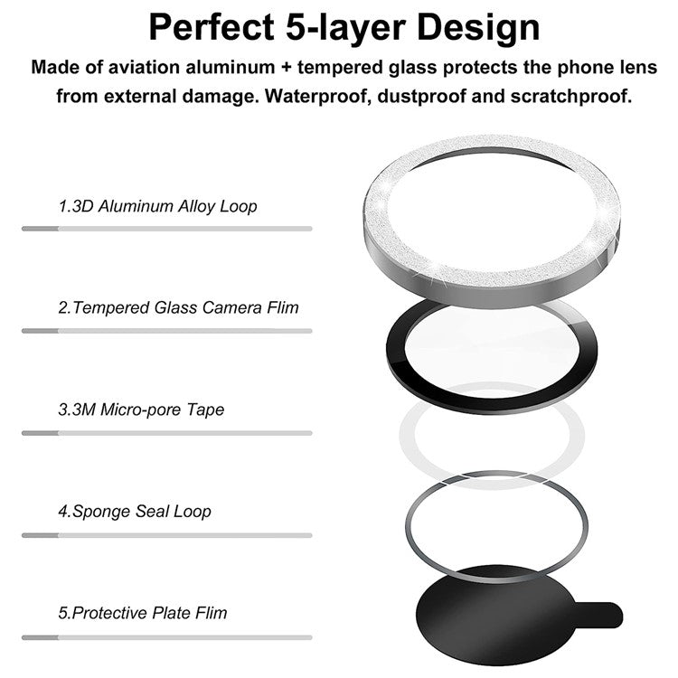 For iPhone 16 Pro / 16 Pro Max Glitter Camera Lens Film Metal Ring+Tempered Glass Phone Lens Protector - Silver