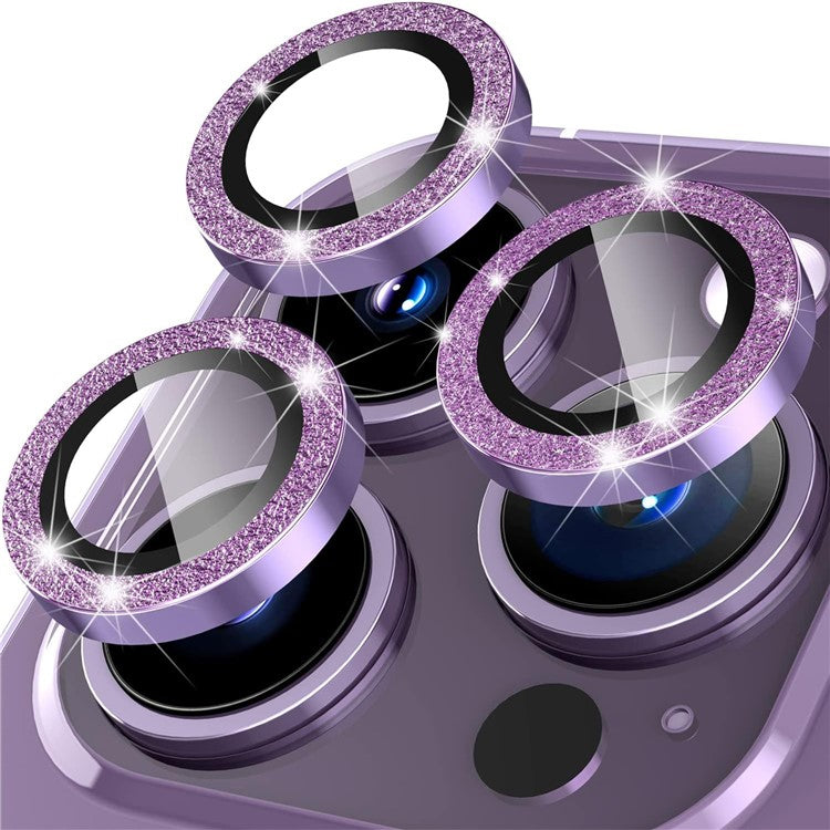 For iPhone 16 Pro / 16 Pro Max Glitter Camera Lens Film Metal Ring+Tempered Glass Phone Lens Protector - Purple