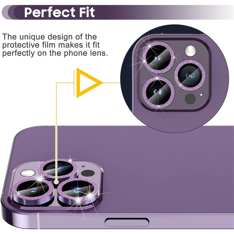 For iPhone 16 Pro / 16 Pro Max Glitter Camera Lens Film Metal Ring+Tempered Glass Phone Lens Protector - Purple