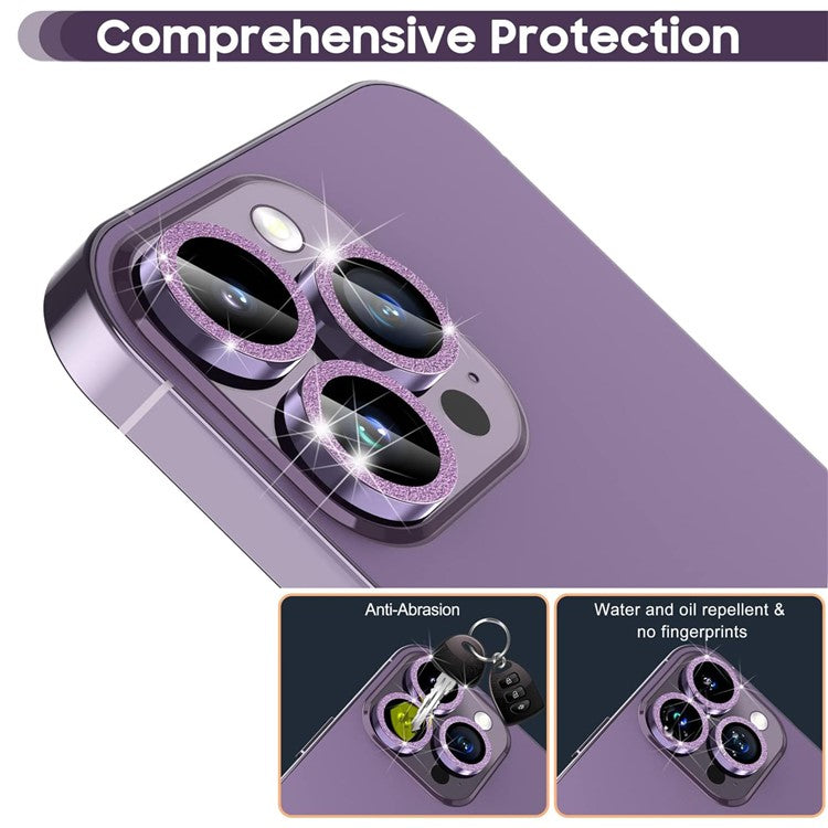 For iPhone 16 Pro / 16 Pro Max Glitter Camera Lens Film Metal Ring+Tempered Glass Phone Lens Protector - Purple