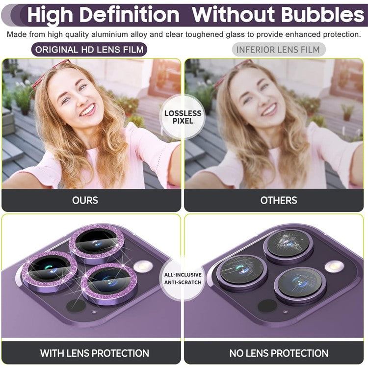 For iPhone 16 Pro / 16 Pro Max Glitter Camera Lens Film Metal Ring+Tempered Glass Phone Lens Protector - Purple