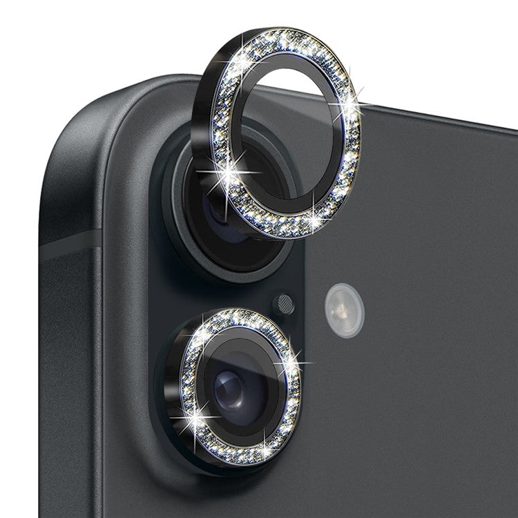 NORTHJO 1 Set For iPhone 16 / 16 Plus Camera Lens Film Tempered Glass+Metal Glitter Rear Lens Protector - Black