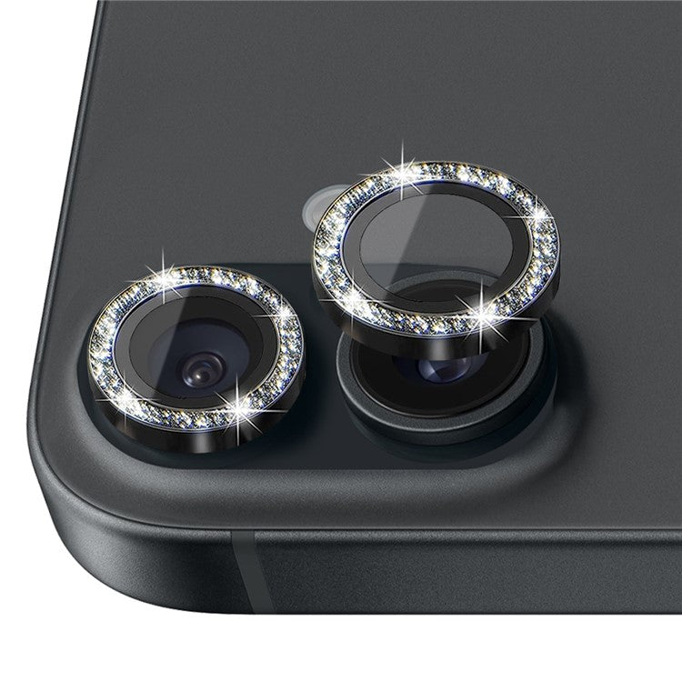 NORTHJO 1 Set For iPhone 16 / 16 Plus Camera Lens Film Tempered Glass+Metal Glitter Rear Lens Protector - Black