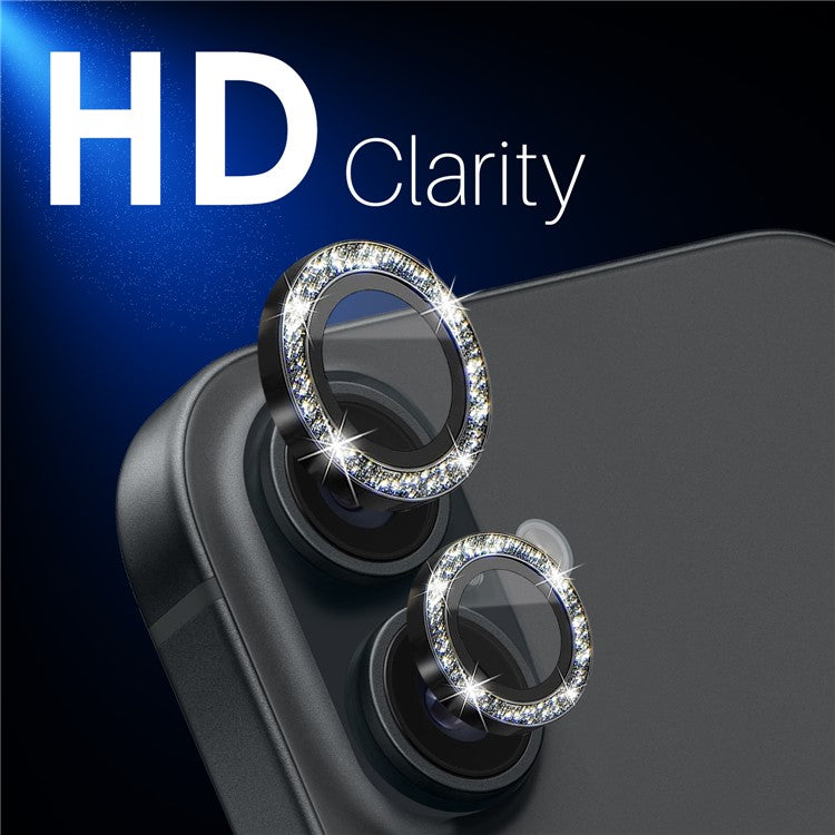 NORTHJO 1 Set For iPhone 16 / 16 Plus Camera Lens Film Tempered Glass+Metal Glitter Rear Lens Protector - Black