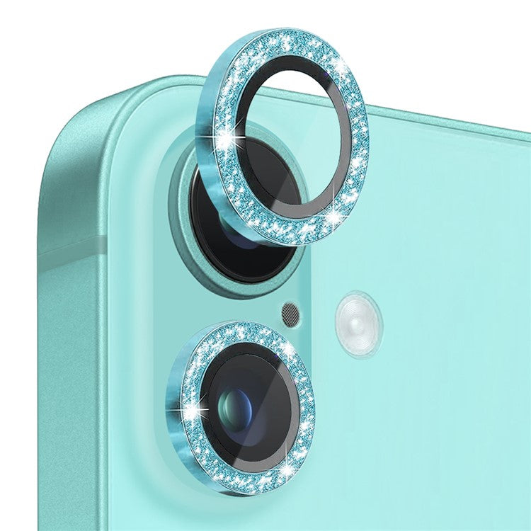 NORTHJO 1 Set For iPhone 16 / 16 Plus Camera Lens Film Tempered Glass+Metal Glitter Rear Lens Protector - Cyan