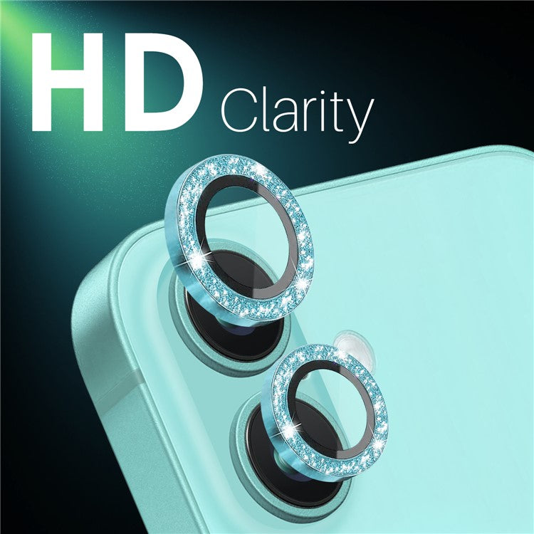 NORTHJO 1 Set For iPhone 16 / 16 Plus Camera Lens Film Tempered Glass+Metal Glitter Rear Lens Protector - Cyan