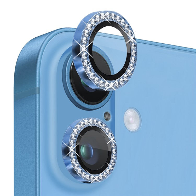 NORTHJO For iPhone 16 / 16 Plus Lens Protector Rhinestone Ring Tempered Glass Lens Film - Blue