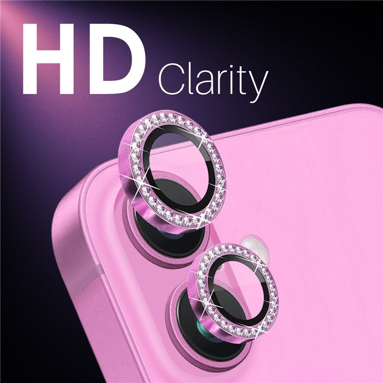 NORTHJO For iPhone 16 / 16 Plus Lens Protector Rhinestone Ring Tempered Glass Lens Film - Rose