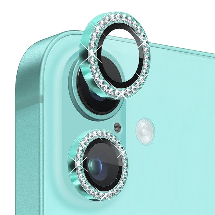 NORTHJO For iPhone 16 / 16 Plus Lens Protector Rhinestone Ring Tempered Glass Lens Film - Cyan