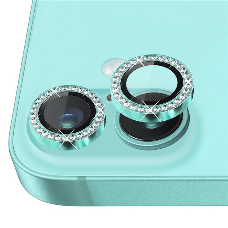 NORTHJO For iPhone 16 / 16 Plus Lens Protector Rhinestone Ring Tempered Glass Lens Film - Cyan