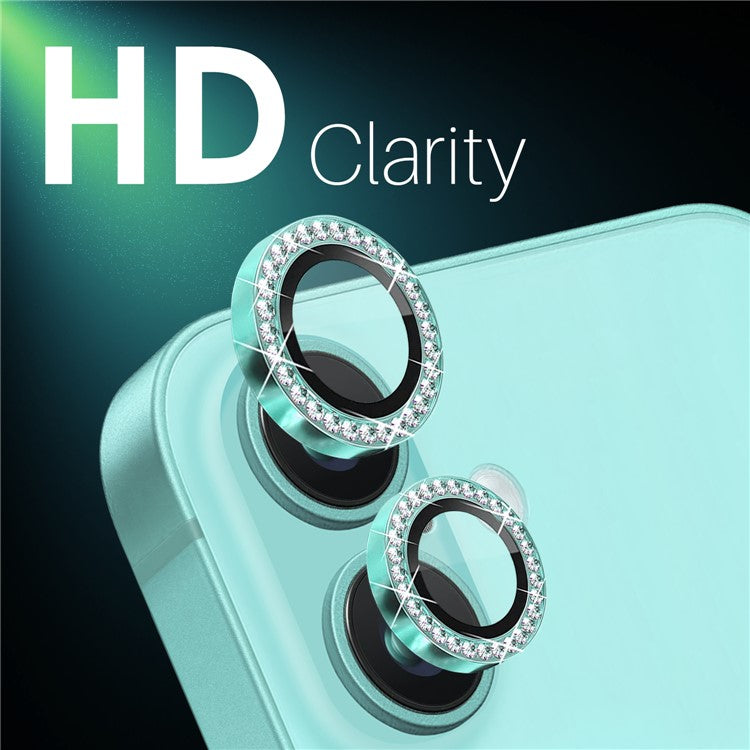 NORTHJO For iPhone 16 / 16 Plus Lens Protector Rhinestone Ring Tempered Glass Lens Film - Cyan