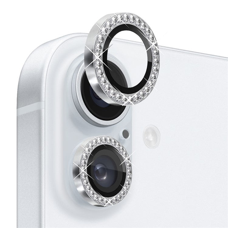 NORTHJO For iPhone 16 / 16 Plus Lens Protector Rhinestone Ring Tempered Glass Lens Film - Silver