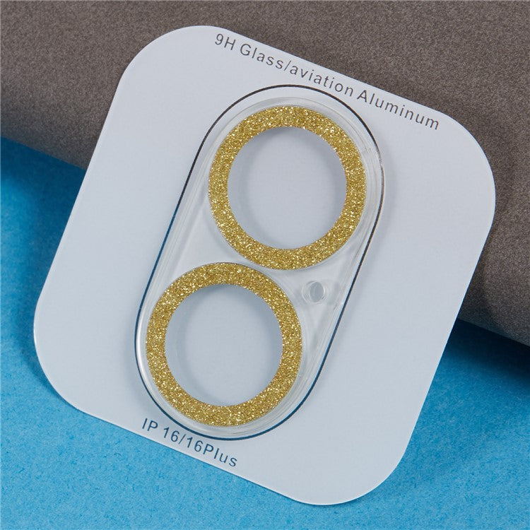 For iPhone 16 / 16 Plus Camera Lens Protector Glitter Tempered Glass Lens Film - Gold