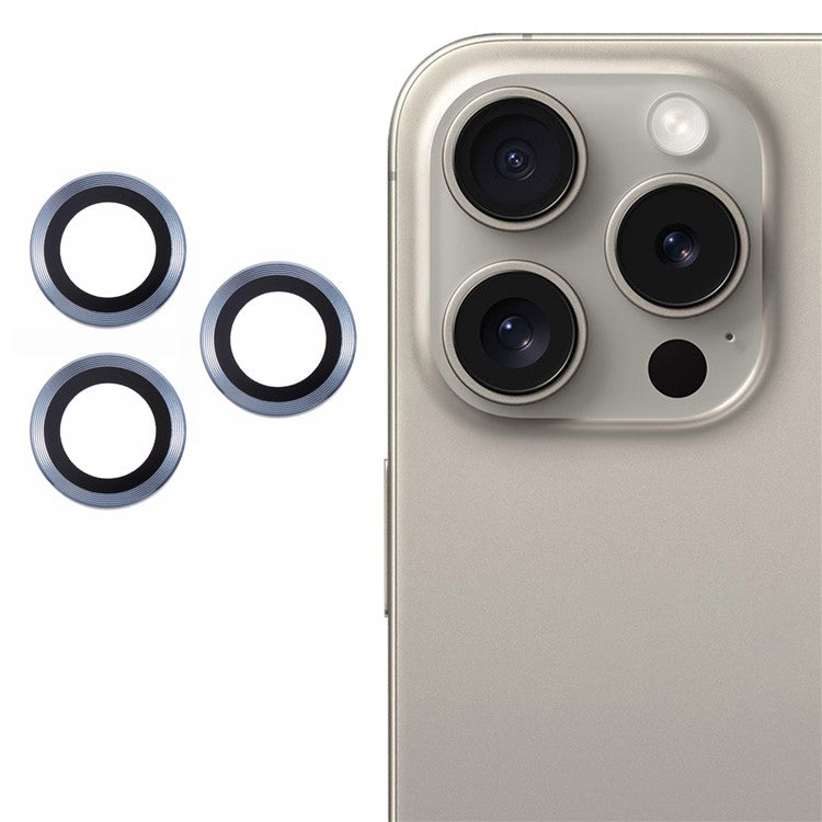 For iPhone 16 Pro / 16 Pro Max Camera Lens Protector CD Veins Metal Ring Tempered Glass Film - Baby Blue