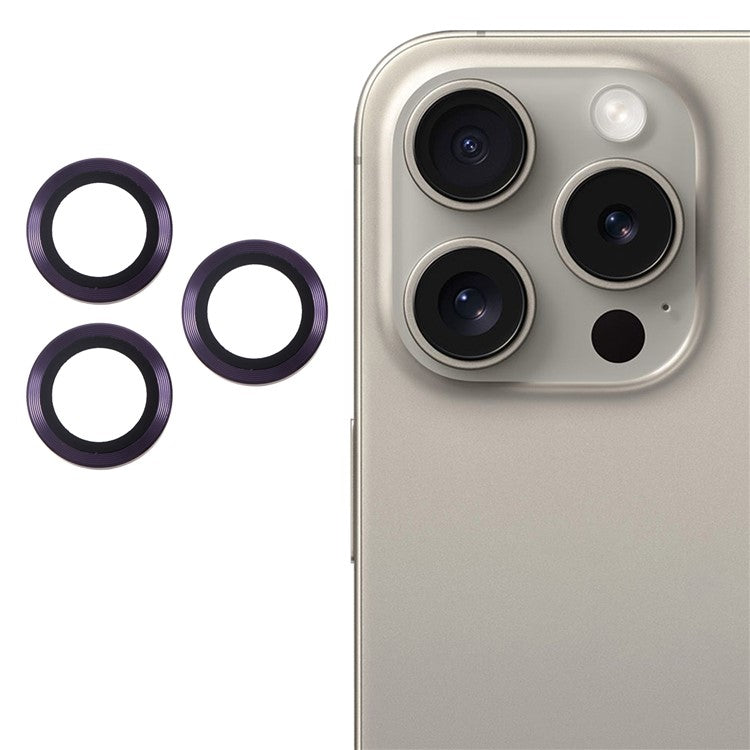 For iPhone 16 Pro / 16 Pro Max Camera Lens Protector CD Veins Metal Ring Tempered Glass Film - Purple