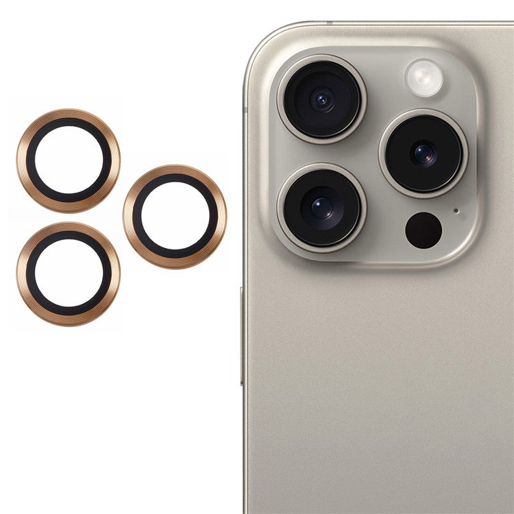 For iPhone 16 Pro / 16 Pro Max Camera Lens Protector CD Veins Metal Ring Tempered Glass Film - Gold