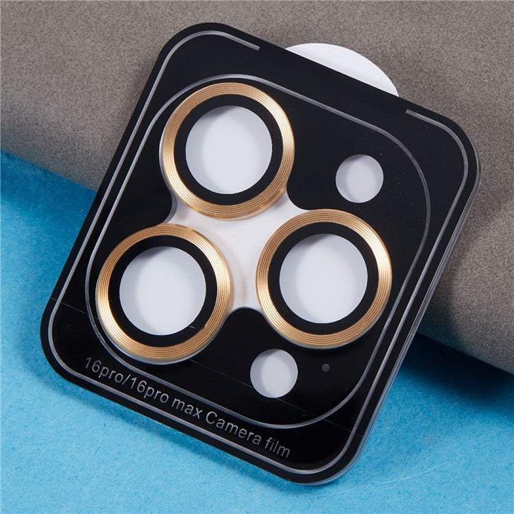 For iPhone 16 Pro / 16 Pro Max Camera Lens Protector CD Veins Metal Ring Tempered Glass Film - Gold