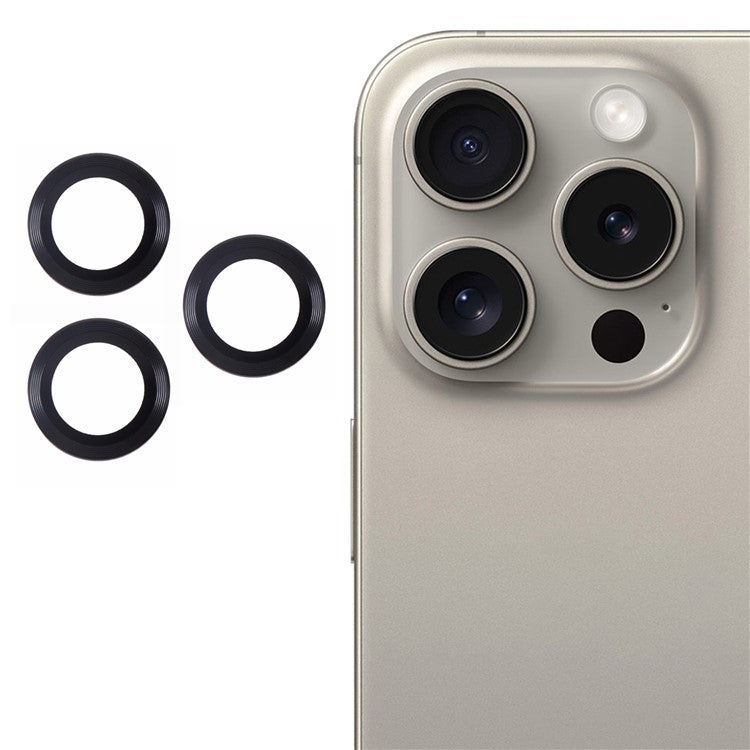 For iPhone 16 Pro / 16 Pro Max Camera Lens Protector CD Veins Metal Ring Tempered Glass Film - Black