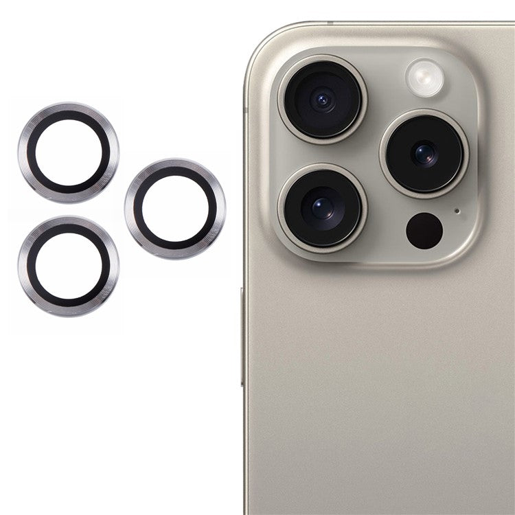 For iPhone 16 Pro / 16 Pro Max Camera Lens Protector CD Veins Metal Ring Tempered Glass Film - Silver