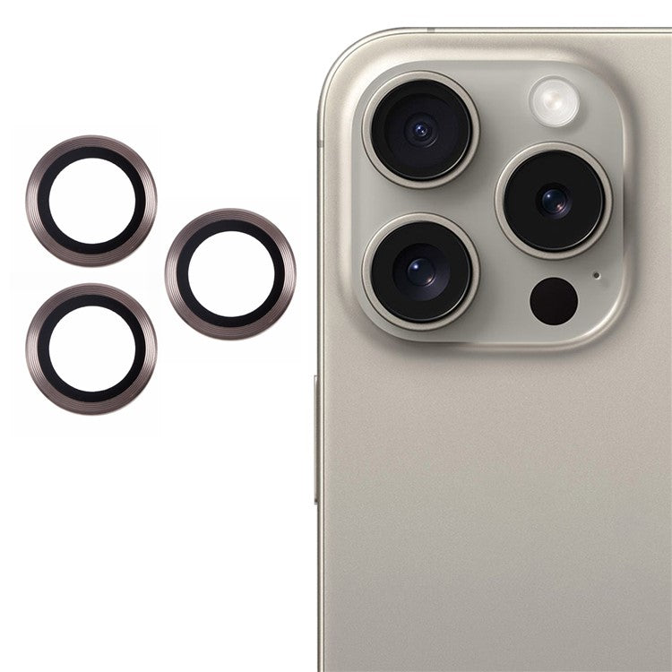 For iPhone 16 Pro / 16 Pro Max Camera Lens Protector CD Veins Metal Ring Tempered Glass Film - Titanium Grey