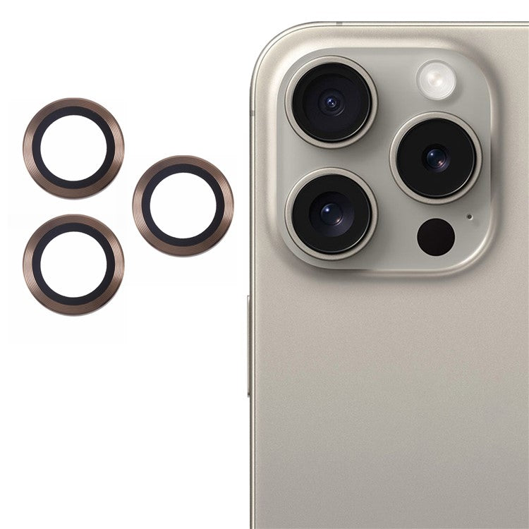 For iPhone 16 Pro / 16 Pro Max Camera Lens Protector CD Veins Metal Ring Tempered Glass Film - Brown