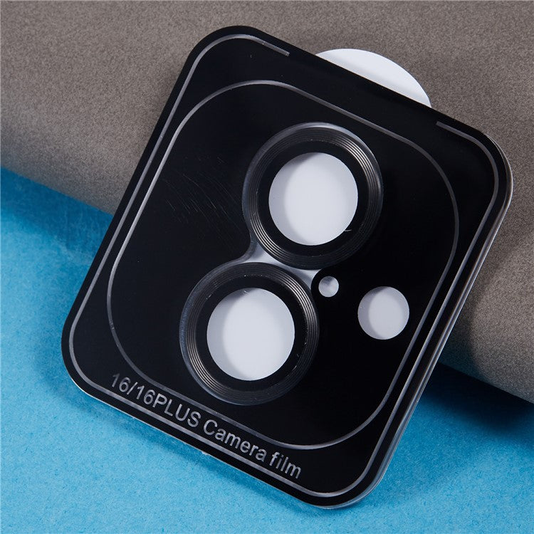 For iPhone 16 / 16 Plus Camera Lens Protector CD Veins Metal Ring Tempered Glass Film - Black