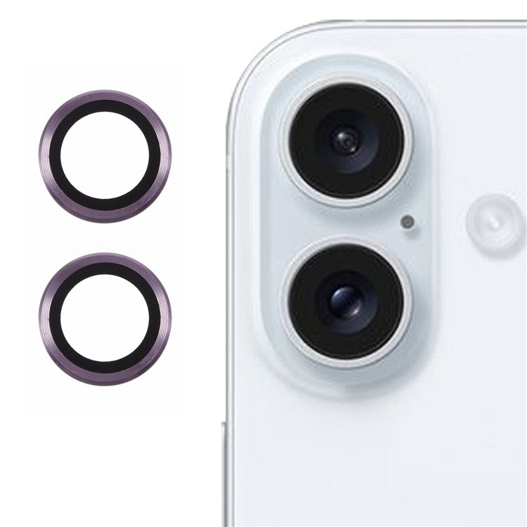 For iPhone 16 / 16 Plus Camera Lens Protector CD Veins Metal Ring Tempered Glass Film - Purple