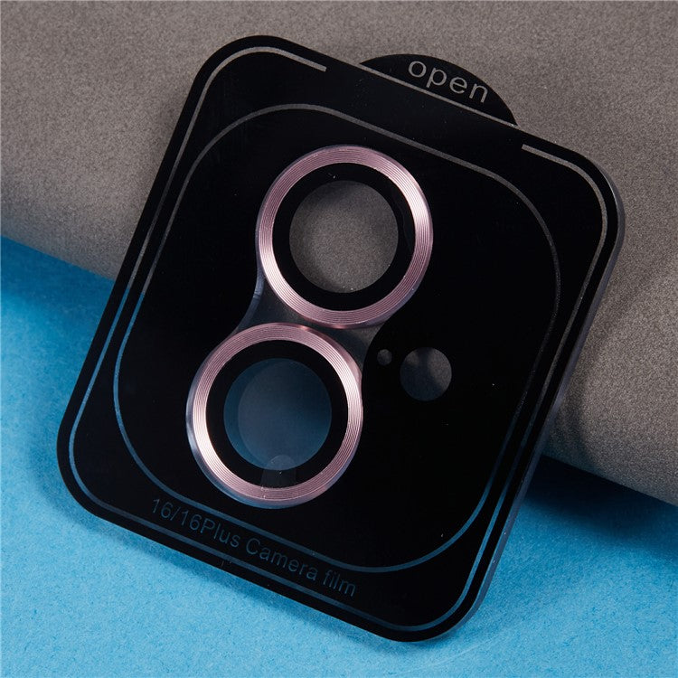 For iPhone 16 / 16 Plus Camera Lens Protector CD Veins Metal Ring Tempered Glass Film - Pink