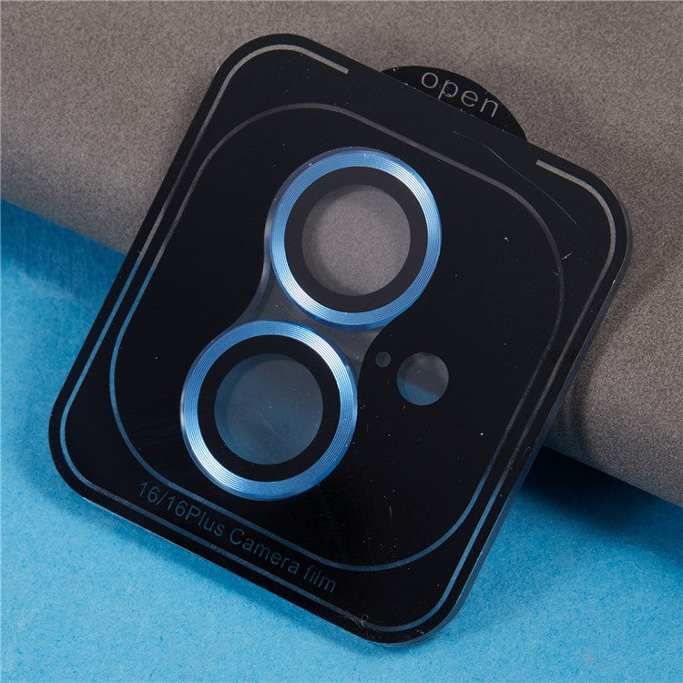 For iPhone 16 / 16 Plus Camera Lens Protector CD Veins Metal Ring Tempered Glass Film - Blue