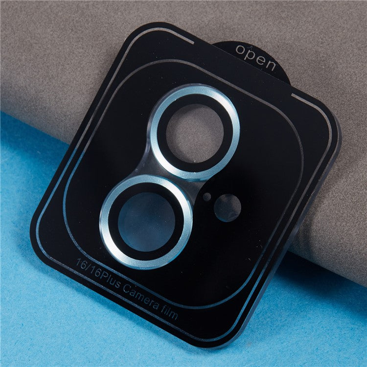 For iPhone 16 / 16 Plus Camera Lens Protector CD Veins Metal Ring Tempered Glass Film - Cyan