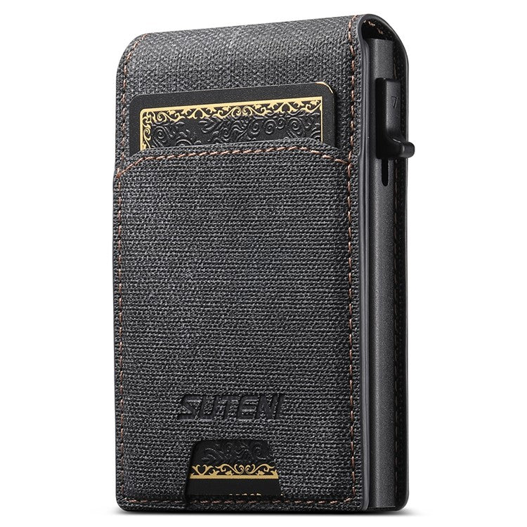 SUTENI Denim Texture PU Leather Card Case Auto Pop Up Card Holder - Black