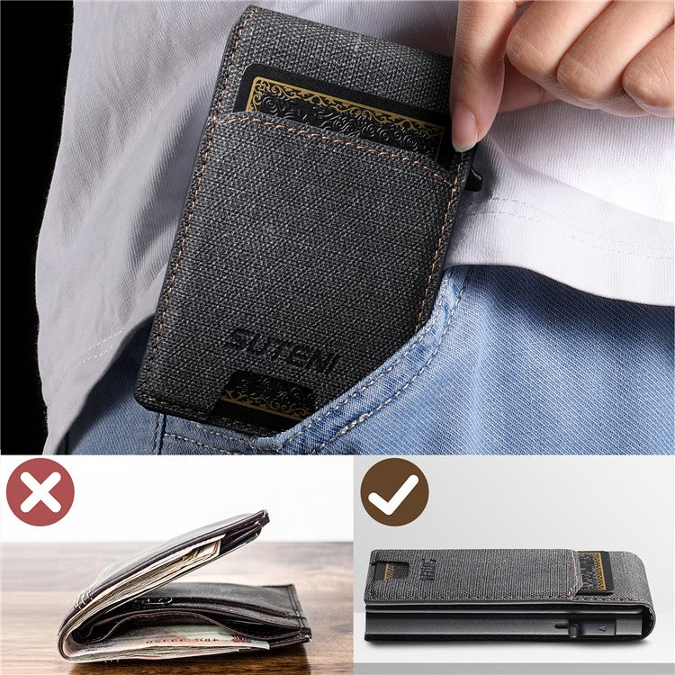 SUTENI Denim Texture PU Leather Card Case Auto Pop Up Card Holder - Black