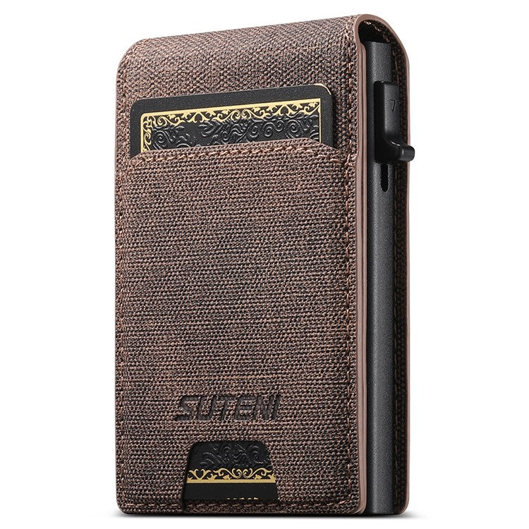 SUTENI Denim Texture PU Leather Card Case Auto Pop Up Card Holder - Brown