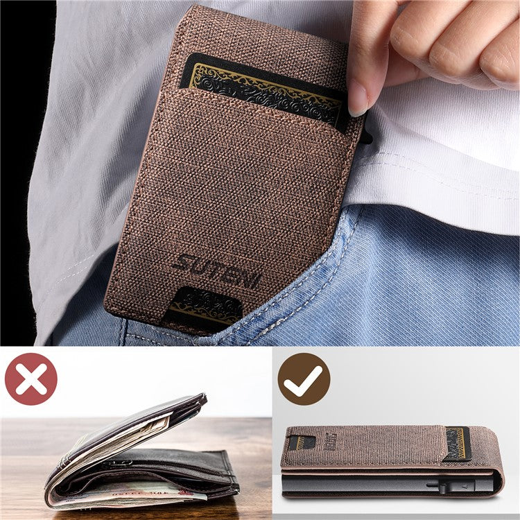 SUTENI Denim Texture PU Leather Card Case Auto Pop Up Card Holder - Brown