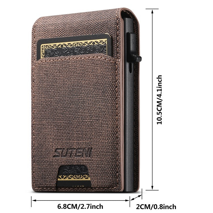 SUTENI Denim Texture PU Leather Card Case Auto Pop Up Card Holder - Brown