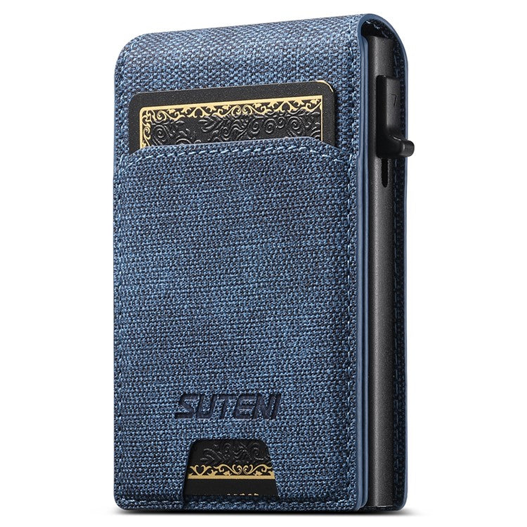 SUTENI Denim Texture PU Leather Card Case Auto Pop Up Card Holder - Blue