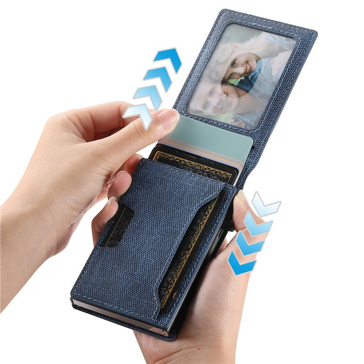 SUTENI Denim Texture PU Leather Card Case Auto Pop Up Card Holder - Blue