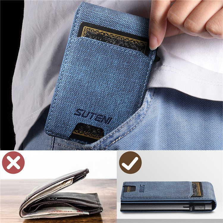 SUTENI Denim Texture PU Leather Card Case Auto Pop Up Card Holder - Blue