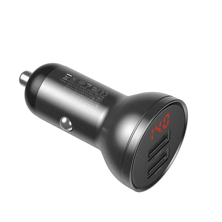 BASEUS 24W Dual USB Car Charger Metal 4.8A Quick Charging Car Adapter with Digital Display - Grey