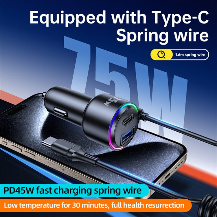 T26 45W+30W USB+Type-C Phone Fast Charging Adapter Car Charger with PD 30W Type-C Spring Cable (CE Certified)